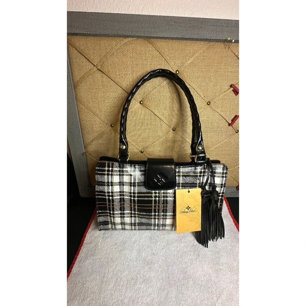 NWT Patricia Nash Rienzo Black and White Plaid Satchel Purse Bag